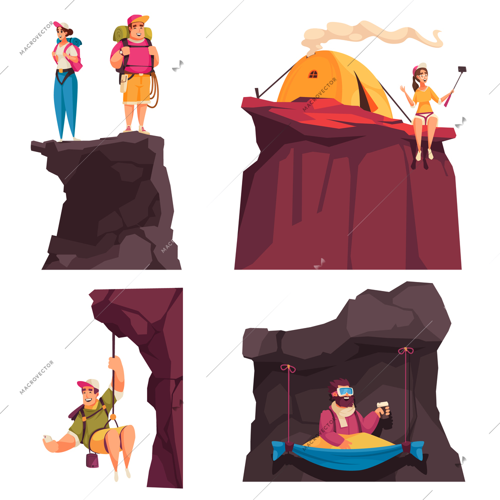 Climber alpinist design concept with four isolated compositions of human characters hanging on cliffs with tent vector illustration