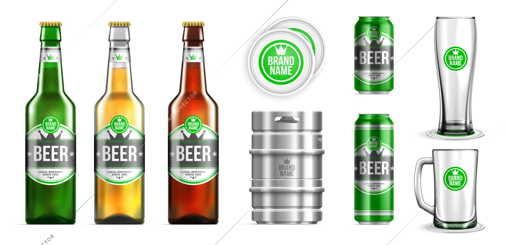 Realistic beer mockup icon set three kinds of beer bottles of different colors aluminum cans of two sizes glasses lids and beer keg vector illustration