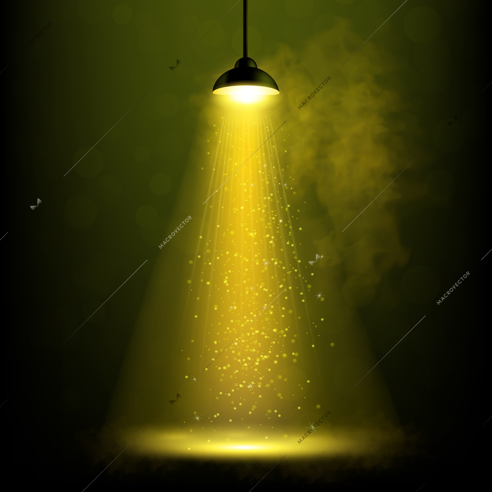 Spotlight lights lamp realistic composition with dark scenery smoke and hanging lamp with rays and particles vector illustration