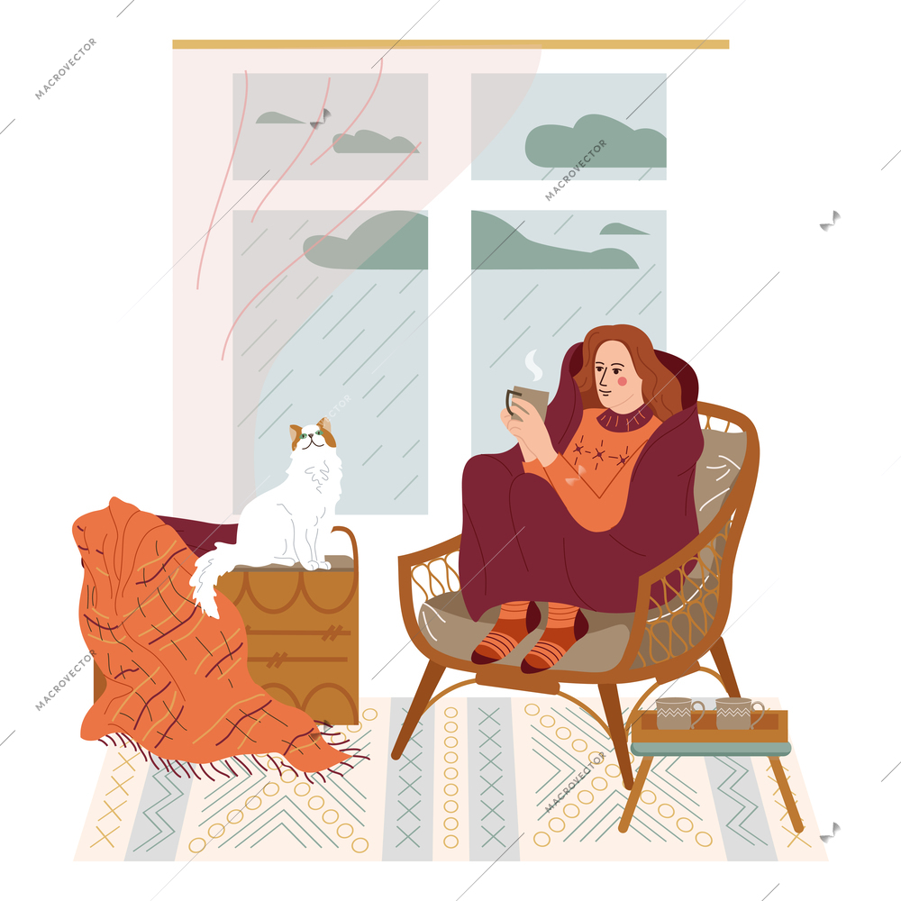 Hugge lifestyle flat background composition with indoor scenery and woman drinking tea in armchair with cat vector illustration