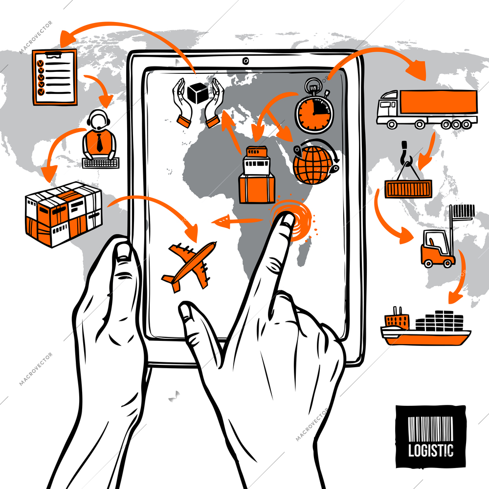 Logistic sketch concept with hand holding digital tablet shipping icons and world map vector illustration