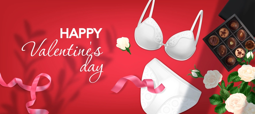 Realistic lingerie women valentine composition with festive background flowers candies with fashionable underwear and editable text vector illustration