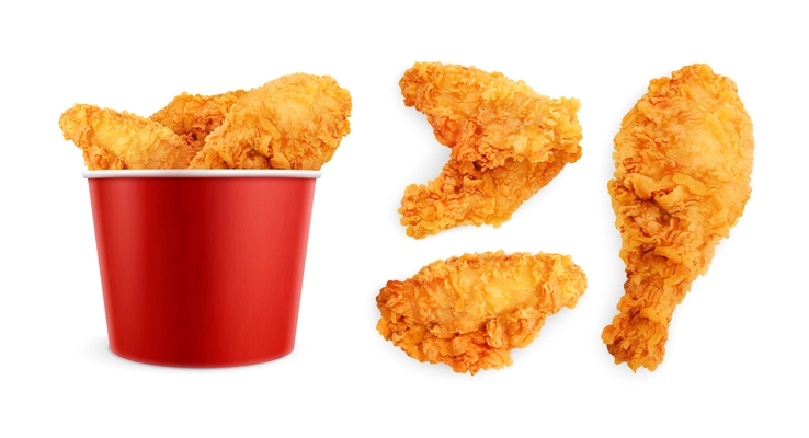 Chicken fast food realistic set of isolated images with fried chicken wings packed into paper bucket vector illustration