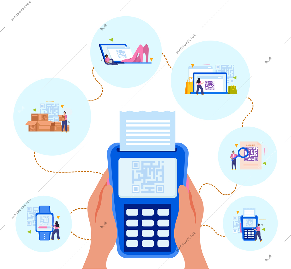 Digital technologies flat concept with people making purchases and payments by qr code with smartphone phone and smart watches vector illustration