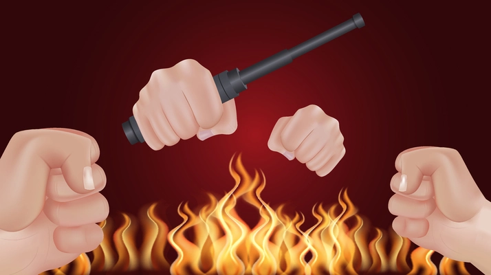 Hand agression realistic colored flame and four fists and weapons in hands on red background composition vector illustration