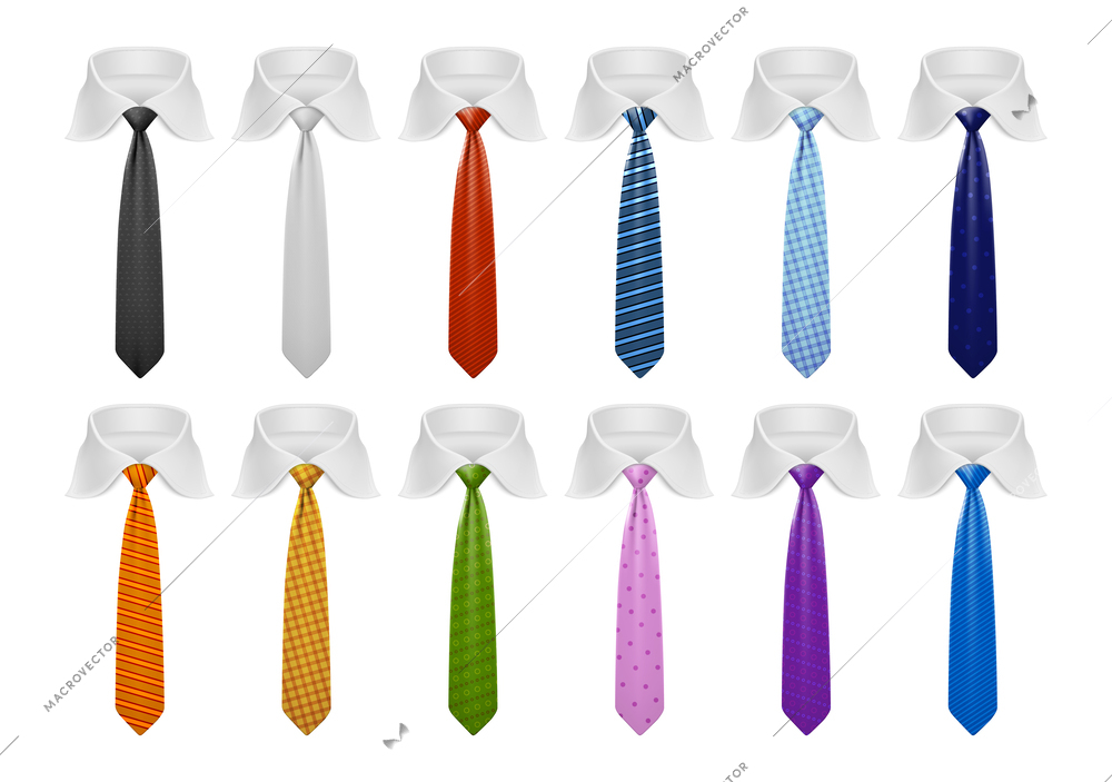 Realistic set of white shirt collars and neckties of different colors and patterns isolated vector illustration