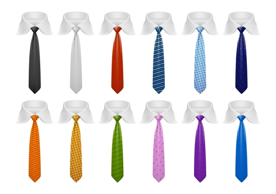 Realistic set of white shirt collars and neckties of different colors and patterns isolated vector illustration