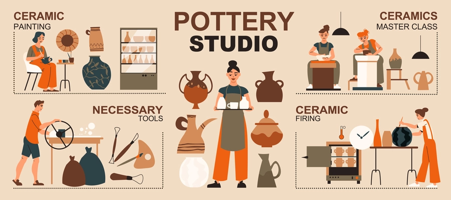 Pottery studio infographics with ceramics master class symbols flat vector illustration