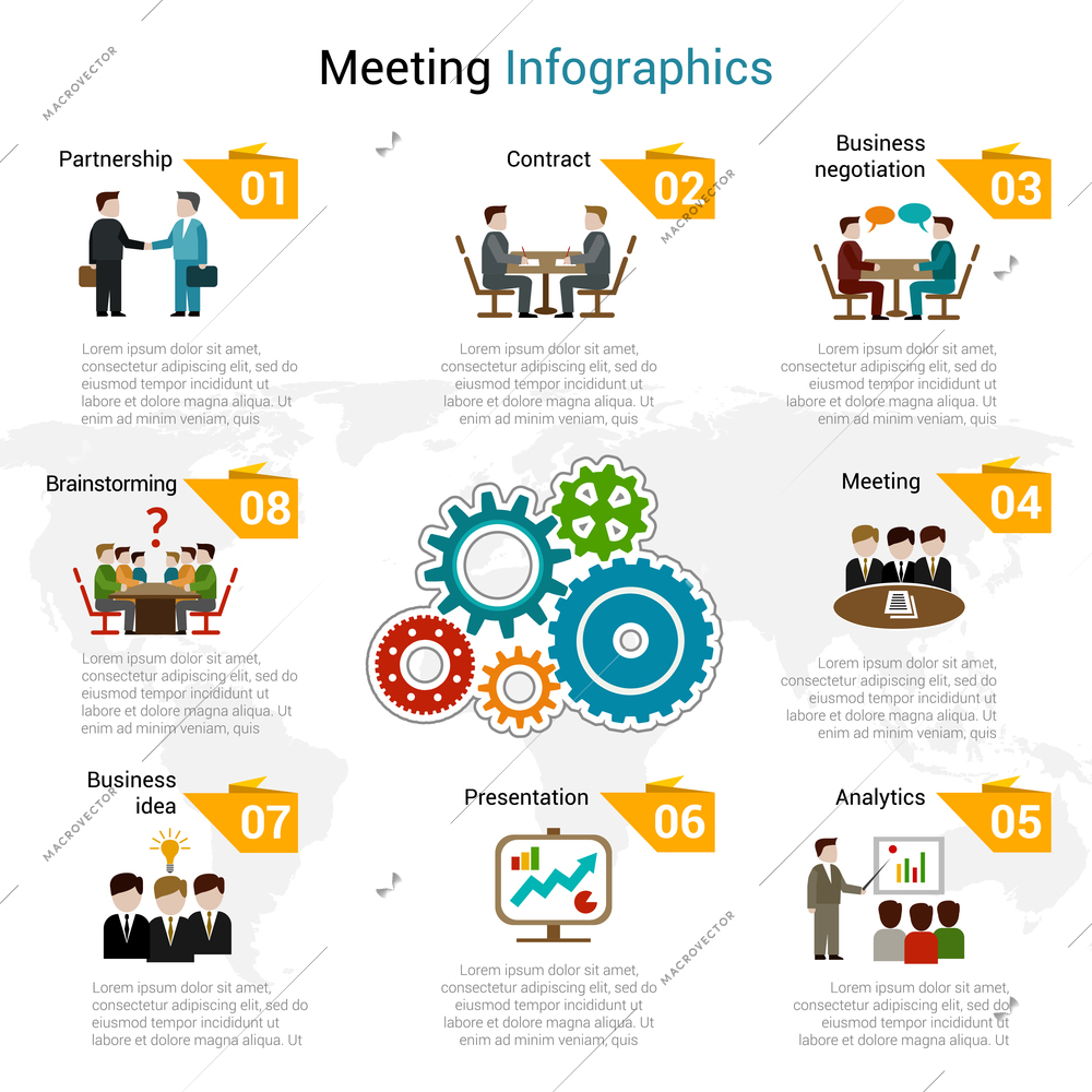 Meeting infographics set with partnership contract business negotiation brainstorming symbols vector illustration