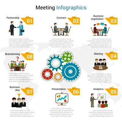 Meeting infographics set with partnership contract business negotiation brainstorming symbols vector illustration