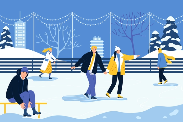 People wearing warm outwear skating on outdoor ice rink on winter holiday flat vector illustration