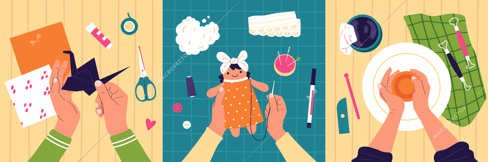 Craft hobby flat compositions set with human hands doing origami pottery and sewing doll isolated vector illustration