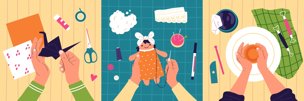 Craft hobby flat compositions set with human hands doing origami pottery and sewing doll isolated vector illustration