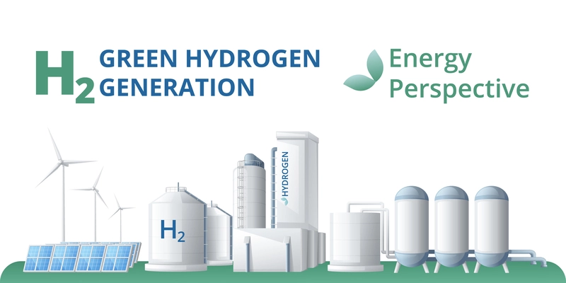 Green hydrogen energy fuel generation cartoon background composition with text and alternative power sources horizontal view vector illustration