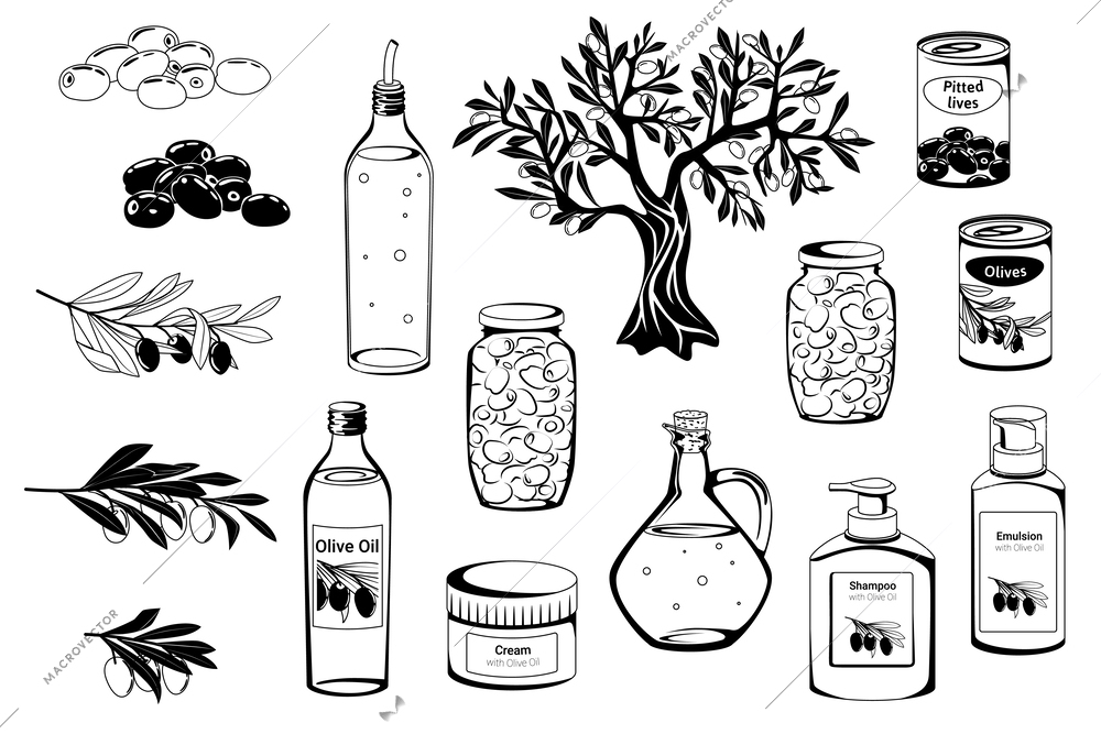 Olives monochrome flat icon set bottles with oil trees branches and cosmetics vector illustration