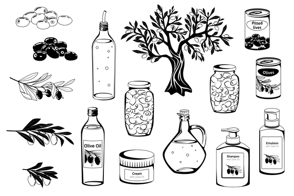 Olives monochrome flat icon set bottles with oil trees branches and cosmetics vector illustration