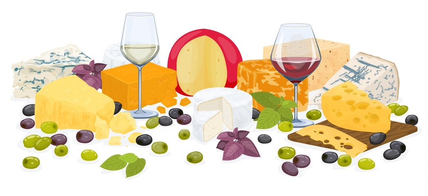 Cheese flat colored composition various pieces of cheese with fruit snacks and wine vector illustration