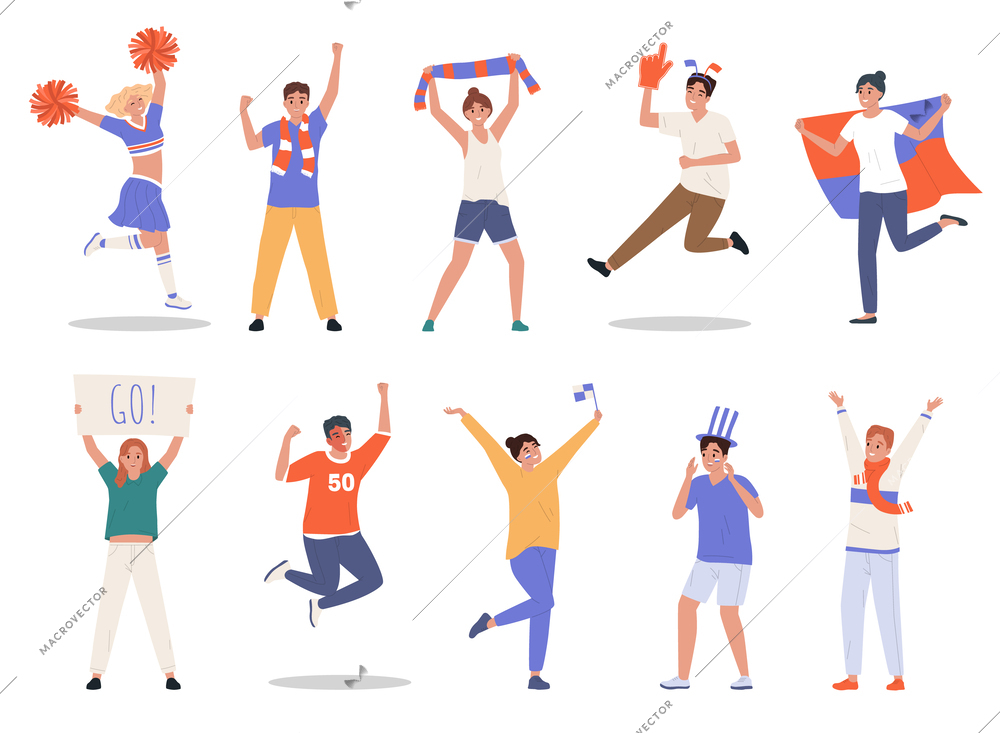 Flat set of happy sport fans and cheerleaders holding colorful attributes isolated vector illustration