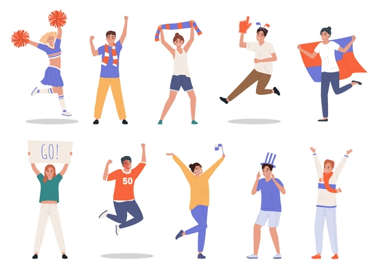 Flat set of happy sport fans and cheerleaders holding colorful attributes isolated vector illustration