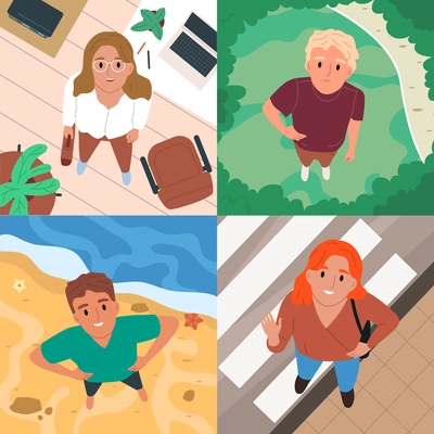 Flat people top view 2x2 set with happy men and women looking up in different places isolated vector illustration