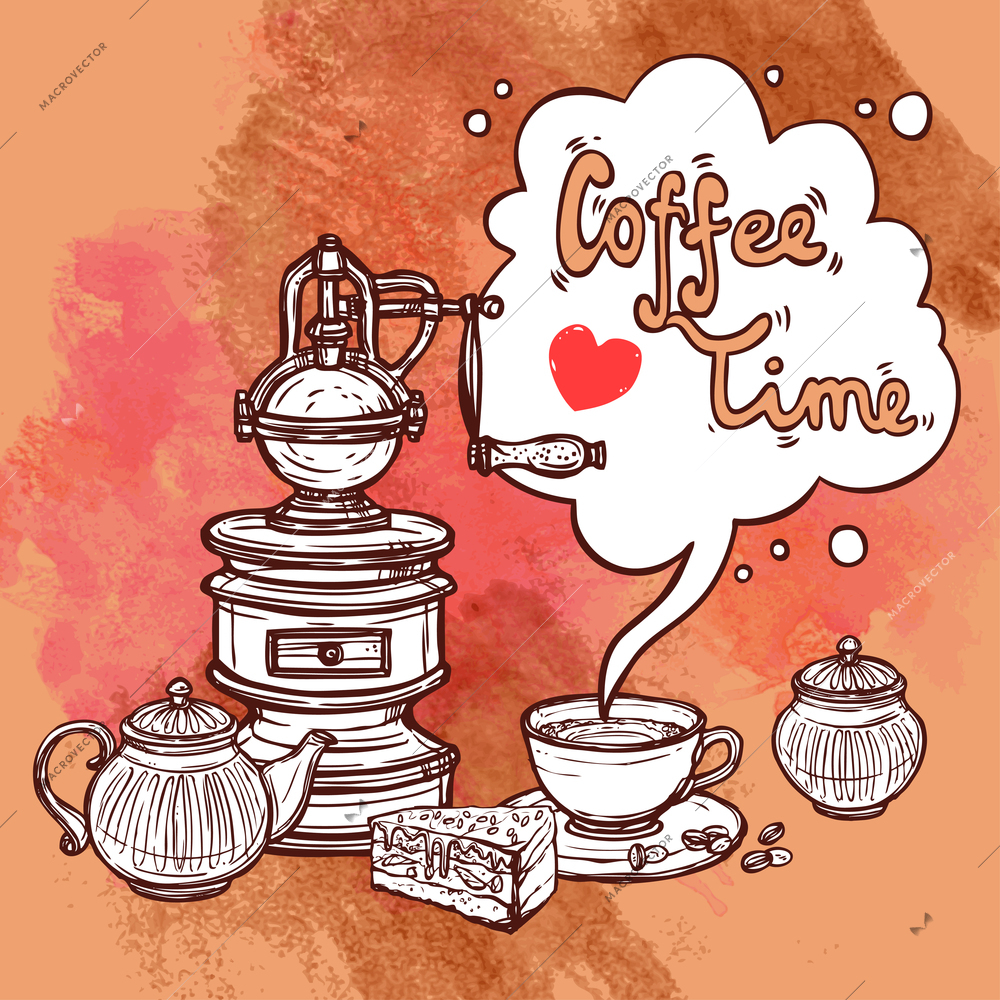 Coffee time sketch background with cup pot and cake vector illustration