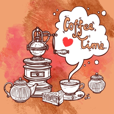 Coffee time sketch background with cup pot and cake vector illustration