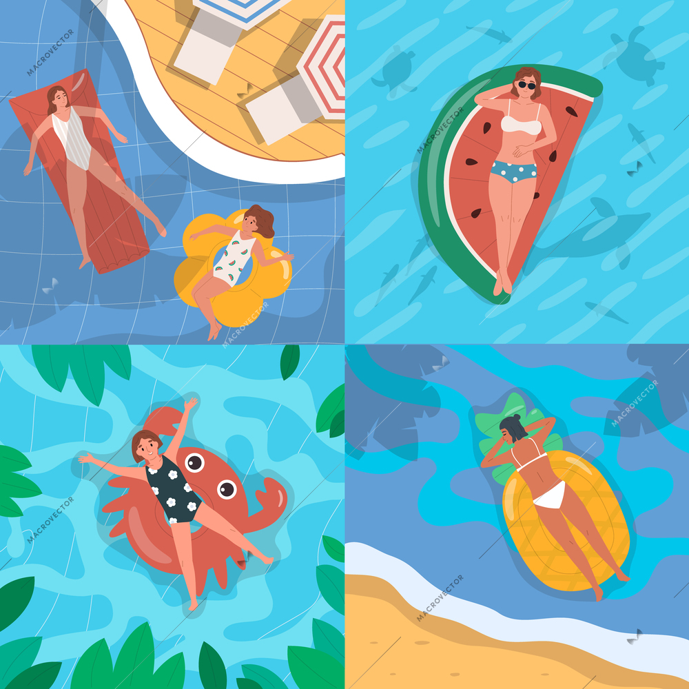 People floating on colorful inflatable toys in swimming pool and sea top view flat 2x2 set isolated vector illustration