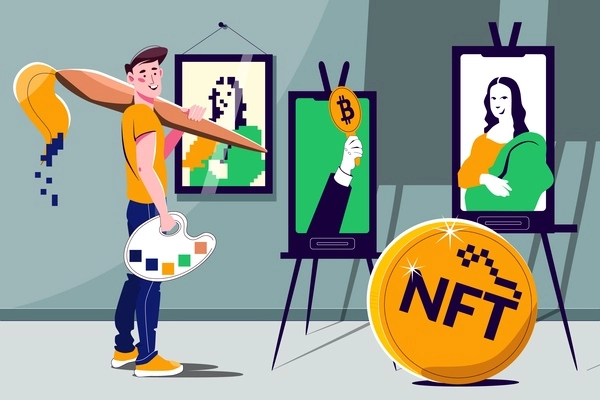 NFT token cryptocurrency flat composition artist standing next to his electronic paintings vector illustration