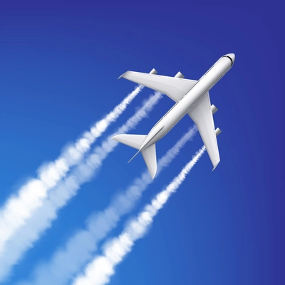 Airplane leaving foggy contrails in blue sky realistic vector illustration