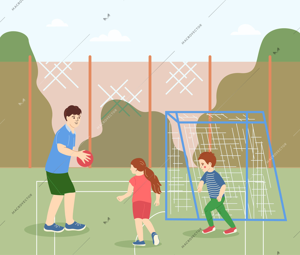 Family sport activities flat background with father playing football outdoor with his daughter and son vector illustration