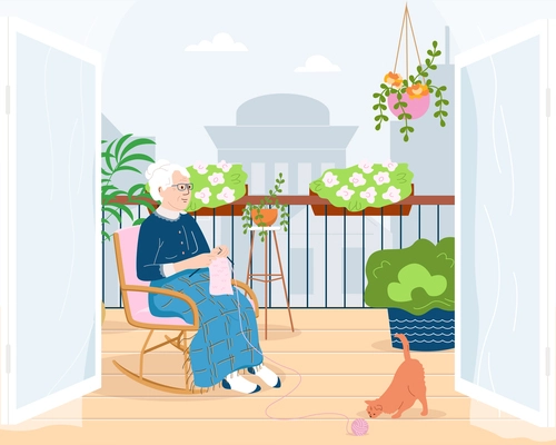Old lady sitting in chair on balcony and  knitting clothe flat colored composition vector illustration