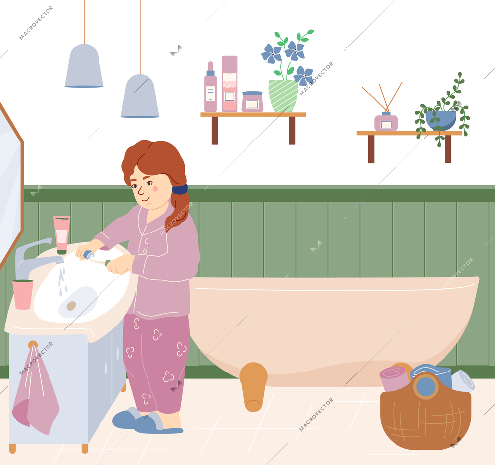 Childish morning hygiene flat background with little girl dressed in pajamas brushing her teeth in bathroom vector illustration