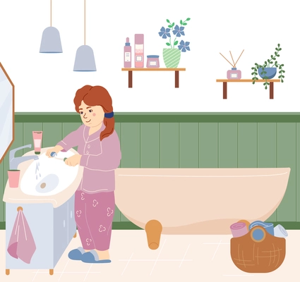 Childish morning hygiene flat background with little girl dressed in pajamas brushing her teeth in bathroom vector illustration