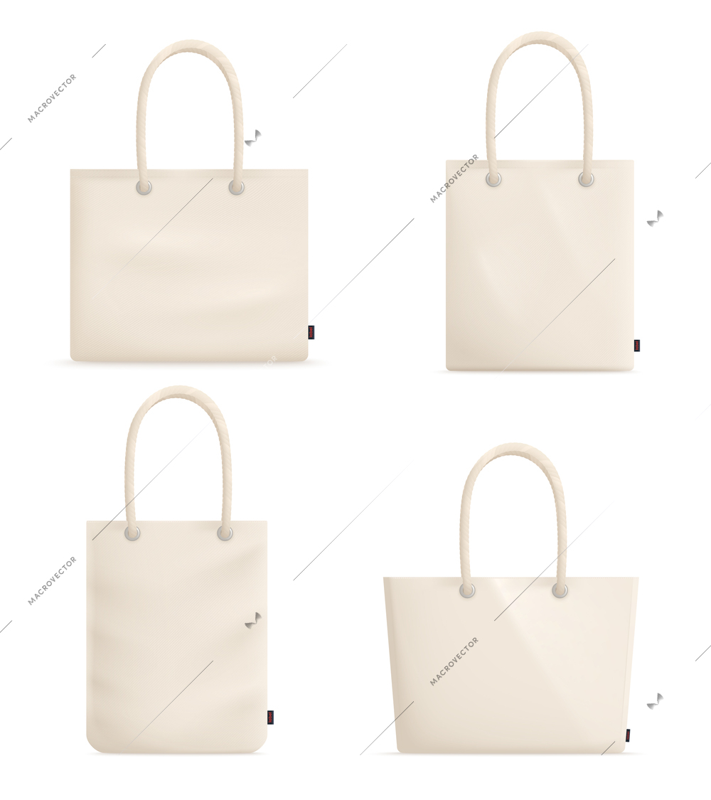 Tote fabric bag mockup realistic set with isolated images of similar cloth bags of different shape vector illustration