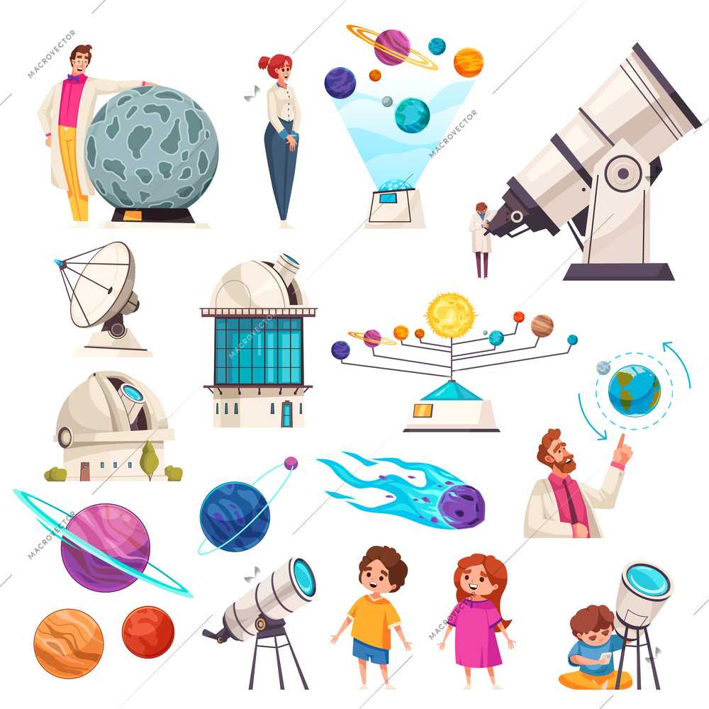 Observatory icons set with planetarium symbols flat isolated vector ilustration