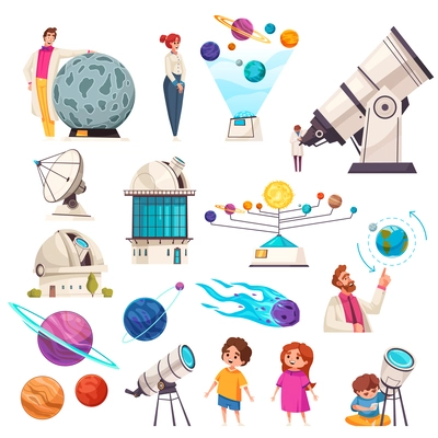 Observatory icons set with planetarium symbols flat isolated vector ilustration