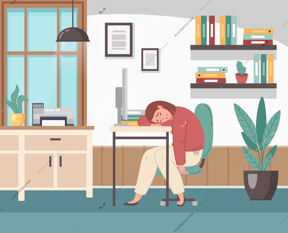 Exhausted woman with symptoms of professional burnout sleeping on her workplace in office cartoon vector illustration