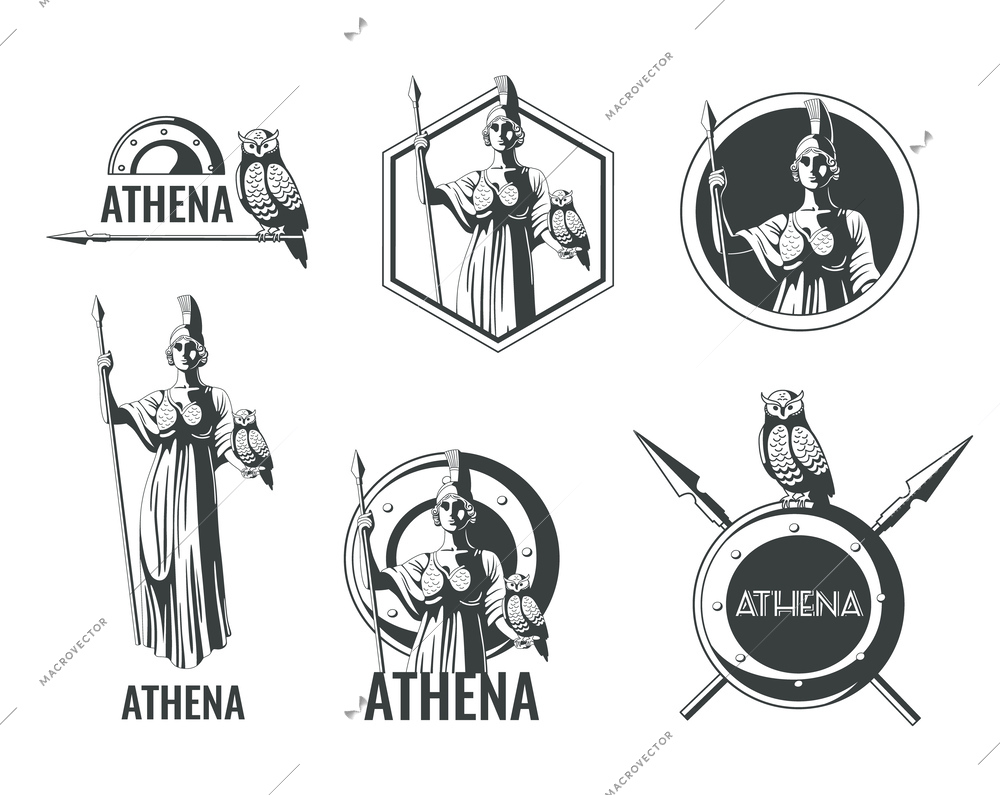 Greek olympian goddess athena emblems of different shape flat set isolated vector illustration