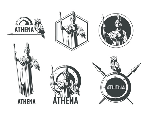 Greek olympian goddess athena emblems of different shape flat set isolated vector illustration