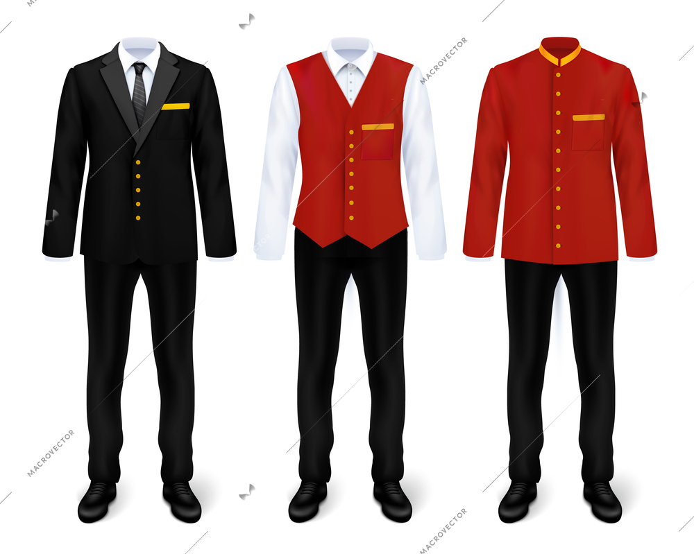 Hotel staff uniform realistic set with isolated images of smart suits for porter floor attendant receptionist vector illustration