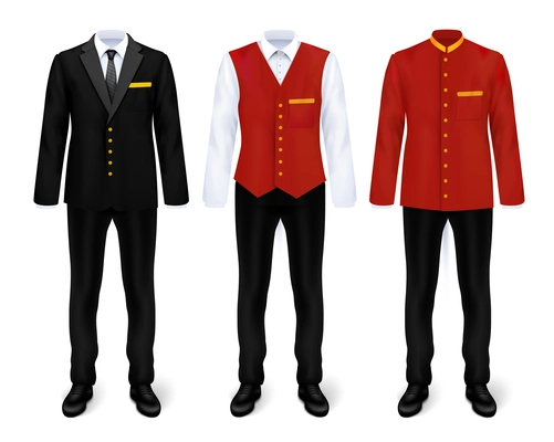 Hotel staff uniform realistic set with isolated images of smart suits for porter floor attendant receptionist vector illustration