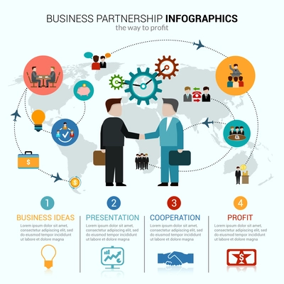 Business partnership infographics with idea presentation cooperation profit symbols and world map vector illustration