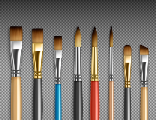 Artist tools realistic set of isolated top view images with different painting brushes on transparent background vector illustration