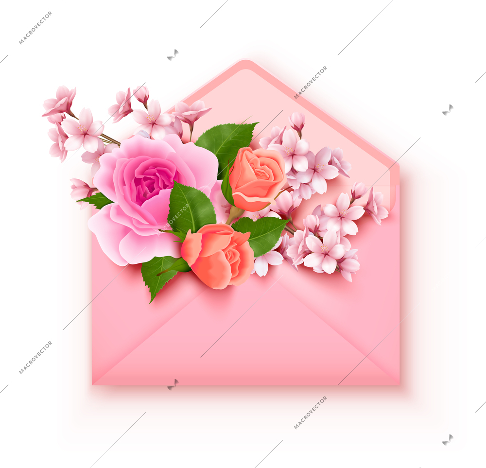 Envelope with flowers realistic composition with isolated image of open pink letter bunch of flowers inside vector illustration