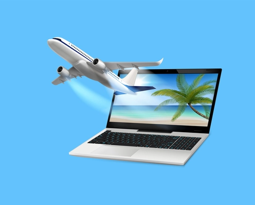 Flying airplane laptop composition with realistic image of jet flying off computer screen with tropical scenery vector illustration