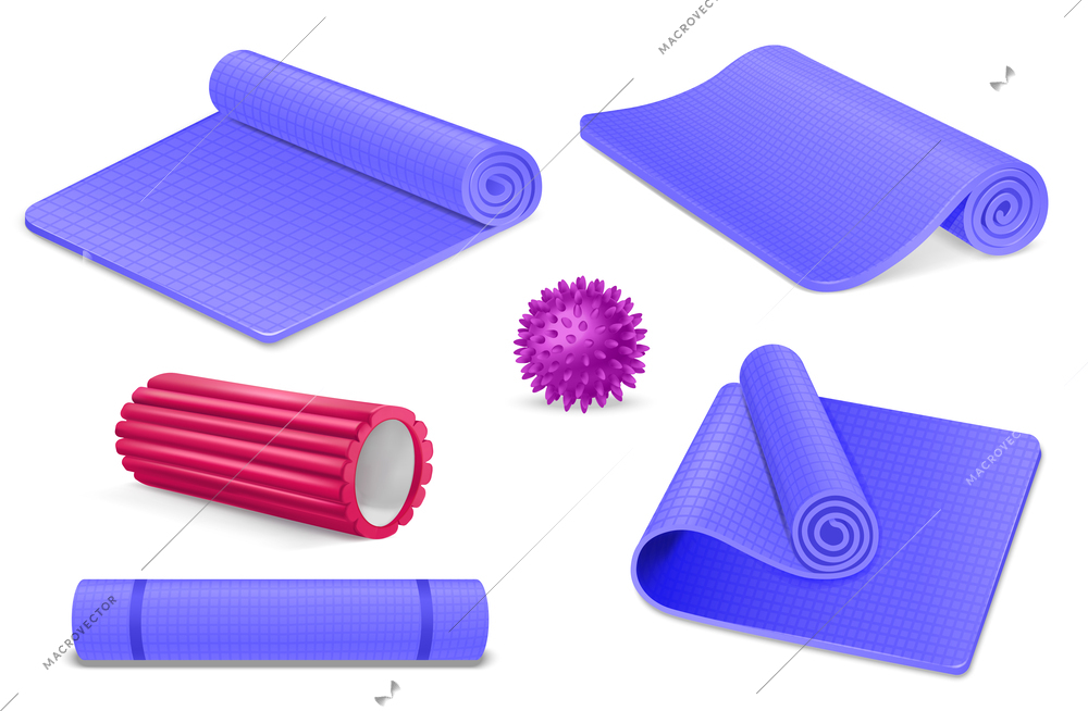 Realistic yoga and myofascial massage icons set with rug mat and foam roller isolated vector illustration