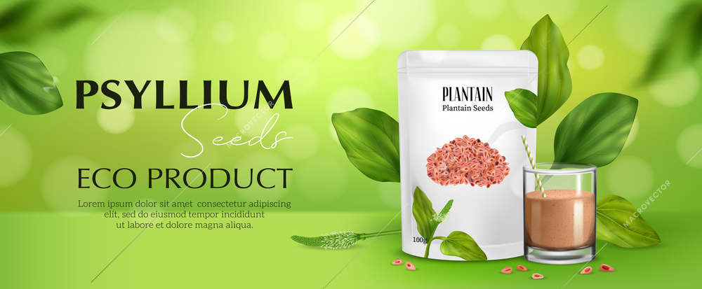Realistic psyllium superfood poster with eco product bag and plant on background vector illustration