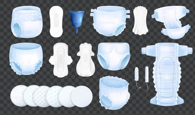Realistic hygiene products icons set with disposable packs and menstrual cup on transparent background isolated vector illustration