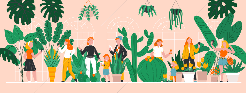 Botanical garden flat poster with people making selfie with plants vector illustration