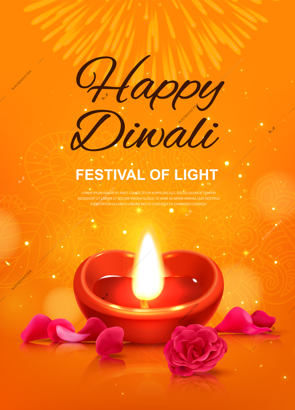 Realistic Diwali poster with traditional lamp and flowers vector illustration
